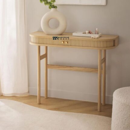 Fluted Solid Wood Console Table with Drawer – Natural Finish