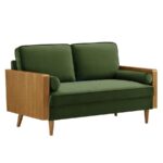 Mid-Century Wooden Arm Fabric 2-Seater Sofa (Forest Green) - Image 2