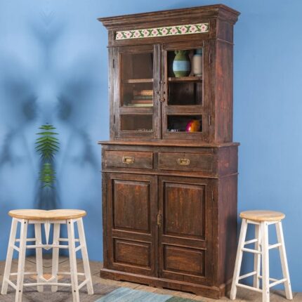 Vintage Wooden Dresser with Floral Ceramic Tiles