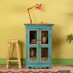 Vintage Light Blue Wooden Cabinet with Glass Doors and Drawers