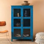 Deep Blue Vintage Wooden Display Cabinet with Glass Doors