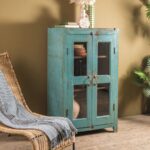 Duck Egg Blue Vintage Wooden Display Cabinet with Glass Doors