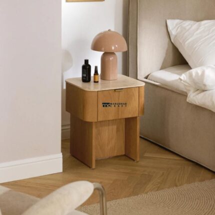 Marudhar Craft Modern Oak & Marble Bedside Table