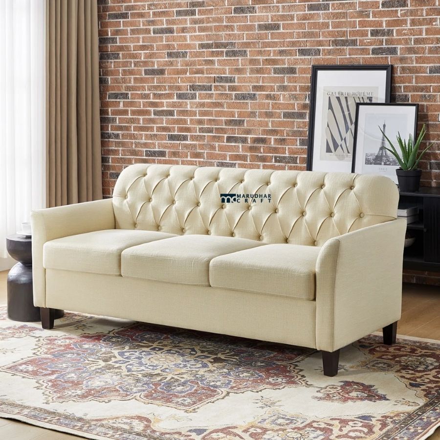 6 Classic Tufted Fabric 3-Seater Sofa (Cream) - Image 1