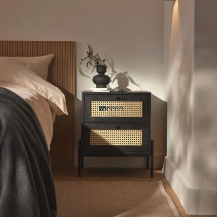 Modern Bohemian 2-Drawer Black & Cane Bedside Table