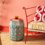 Hand Painted Navy Blue Wooden Side Table with Floral Design