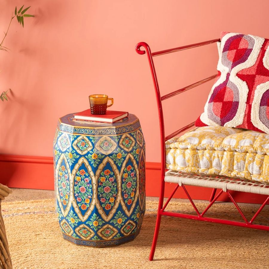 61 Hand Painted Navy Blue Wooden Side Table with Floral Design - Image 1