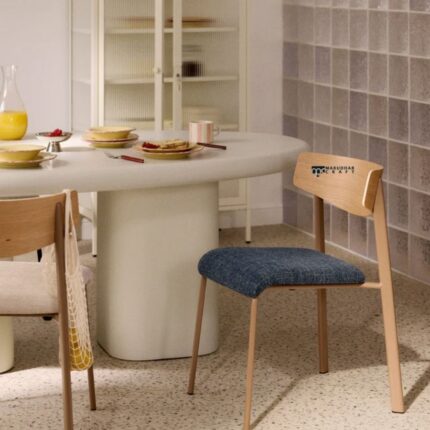 Wooden Dining Chair with Upholstered Seat (Natural Wood & Blue Fabric)