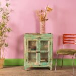 Vintage Light Green Wooden Display Cabinet with Glass Doors