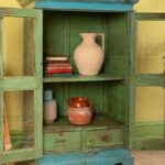 Vintage Light Blue Wooden Cabinet with Glass Doors and Drawers - Image 4