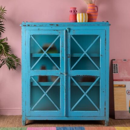 Light Blue Vintage Wooden Textured Glass Display Cabinet