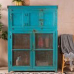 Blue Wooden Vintage Storage Cupboard with Mesh Panels