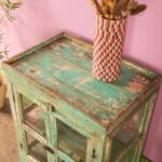 Vintage Light Green Wooden Display Cabinet with Glass Doors - Image 4