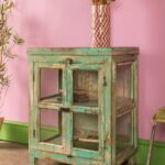 Vintage Light Green Wooden Display Cabinet with Glass Doors - Image 5