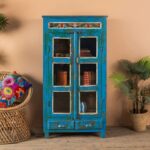 Blue Vintage Wooden Cabinet with Hand-Painted Glass & Drawers