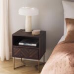 Walnut Herringbone Bedside Table with Brass Cross-Base