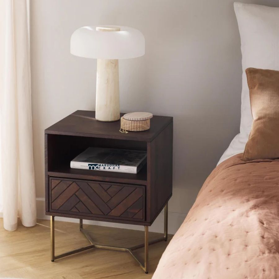 66 Walnut Herringbone Bedside Table with Brass Cross-Base - Image 1