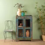 Blue & Yellow Vintage Wooden Cabinet with Glass Doors