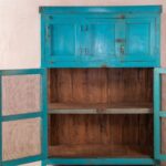 Blue Wooden Vintage Storage Cupboard with Mesh Panels - Image 6