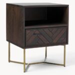 Walnut Herringbone Bedside Table with Brass Cross-Base - Image 4