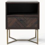 Walnut Herringbone Bedside Table with Brass Cross-Base - Image 5