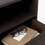 Walnut Herringbone Bedside Table with Brass Cross-Base - Image 6