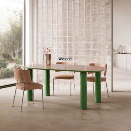 Modern Rectangular Dining Table with Rounded Glass Top and Cylindrical Legs