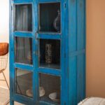 Deep Blue Vintage Wooden Display Cabinet with Glass Doors - Image 3