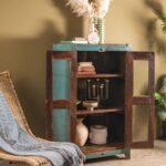 Duck Egg Blue Vintage Wooden Display Cabinet with Glass Doors - Image 3