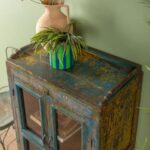 Blue & Yellow Vintage Wooden Cabinet with Glass Doors - Image 6
