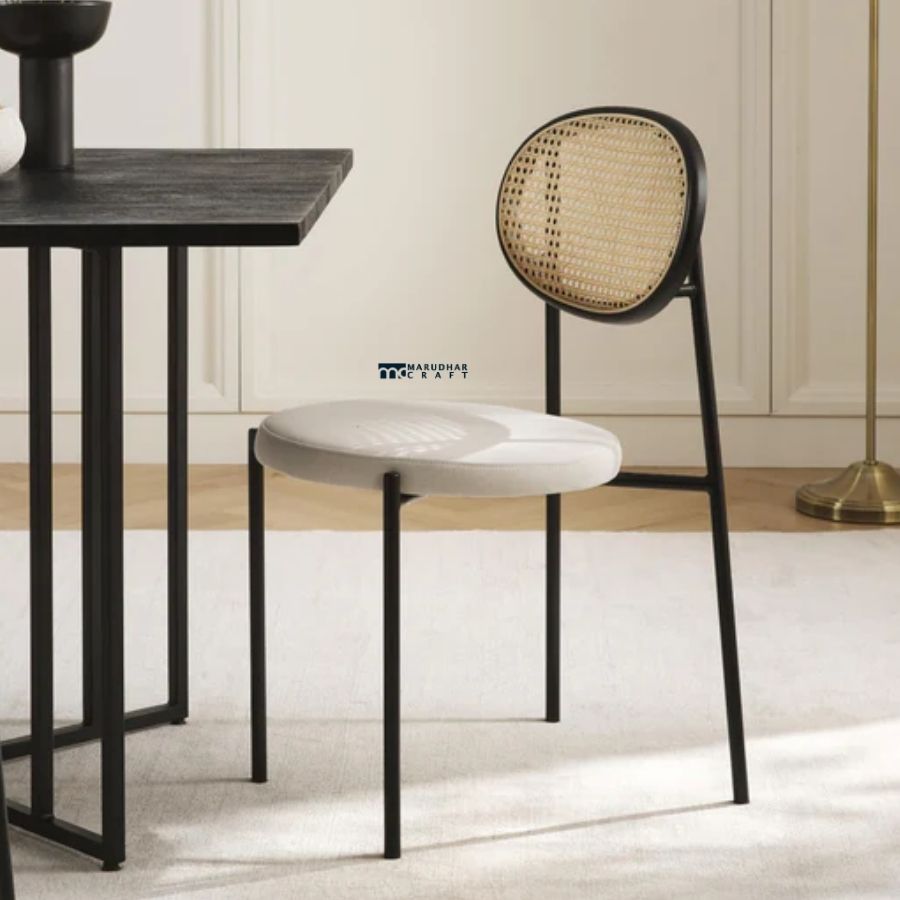 71 Cane Back Dining Chair with Upholstered Seat & Metal Legs (Black Frame) - Image 1