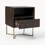 Walnut Herringbone Bedside Table with Brass Cross-Base - Image 3