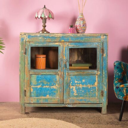 Vintage Blue Wooden Cabinet with Glass Doors
