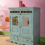 Pale Blue Vintage Decorated Wooden Cupboard with Painted Glass & Mirror - Image 5