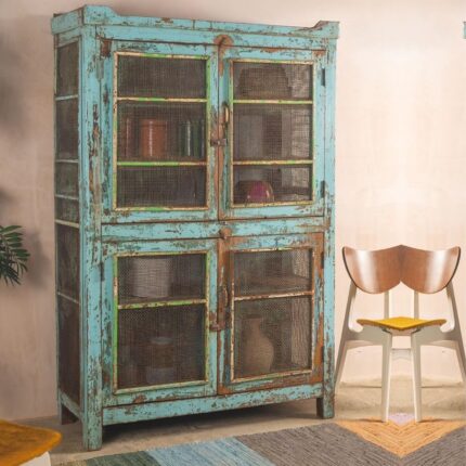 Vintage Blue Jali Wooden Cupboard