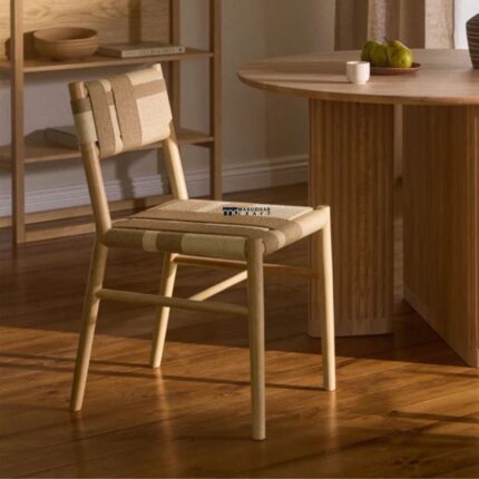 Solid Wood Dining Chair with Woven Fabric Seat & Back (Natural Finish)