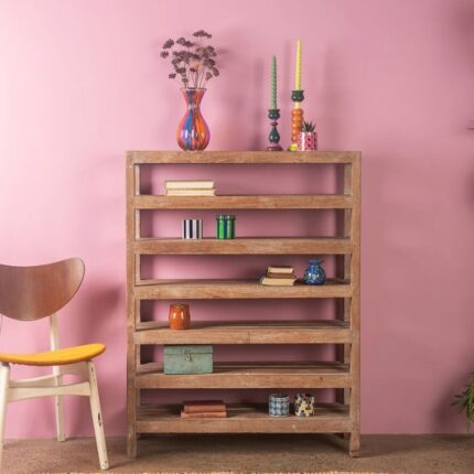 Vintage Wooden Shelving Unit with Six Slatted Shelves