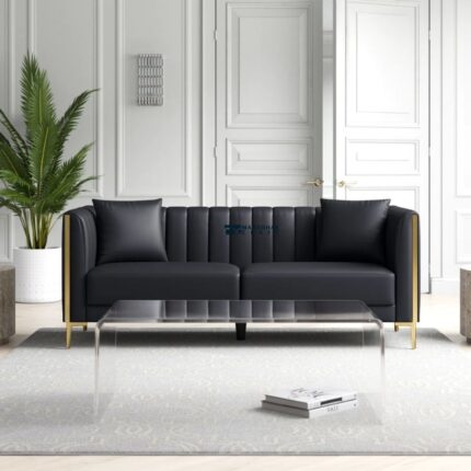 Luxury Channel-Tufted Fabric 2-Seater Sofa (Jet Black)