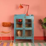 Light Blue Vintage Wooden Display Cabinet with Glass Panels