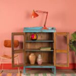 Light Blue Vintage Wooden Display Cabinet with Glass Panels - Image 3