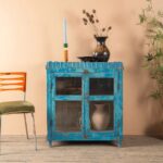Light Blue Vintage Wooden Cabinet with Glass Doors
