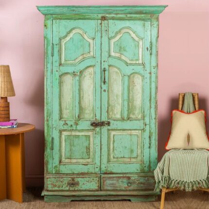 Peppermint Green Vintage Wooden Almirah with Drawers