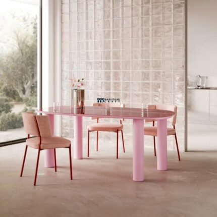 Rectangular Dining Table with Rounded Glass Top and Cylindrical Legs