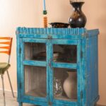 Light Blue Vintage Wooden Cabinet with Glass Doors - Image 3