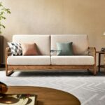 Solid Wood Frame Fabric 2-Seater Sofa (Natural Oak Finish)