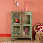 Vintage Sage Green Wooden Display Cabinet with Glass Panels