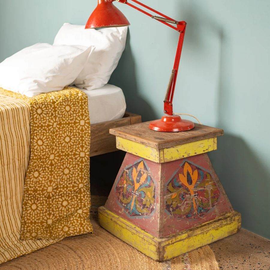 84 Vintage Colourful Wooden Stool with Painted Motif - Image 1