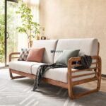 Solid Wood Frame Fabric 2-Seater Sofa (Natural Oak Finish) - Image 3