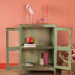 Vintage Sage Green Wooden Display Cabinet with Glass Panels - Image 3