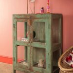 Vintage Sage Green Wooden Display Cabinet with Glass Panels - Image 5